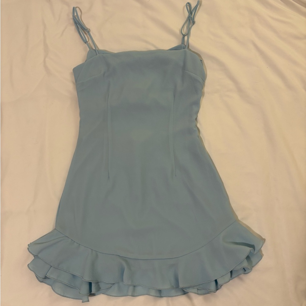 Lucy in the Sky Blue Ruffle Hem Mini Dress Open Tie Up Back